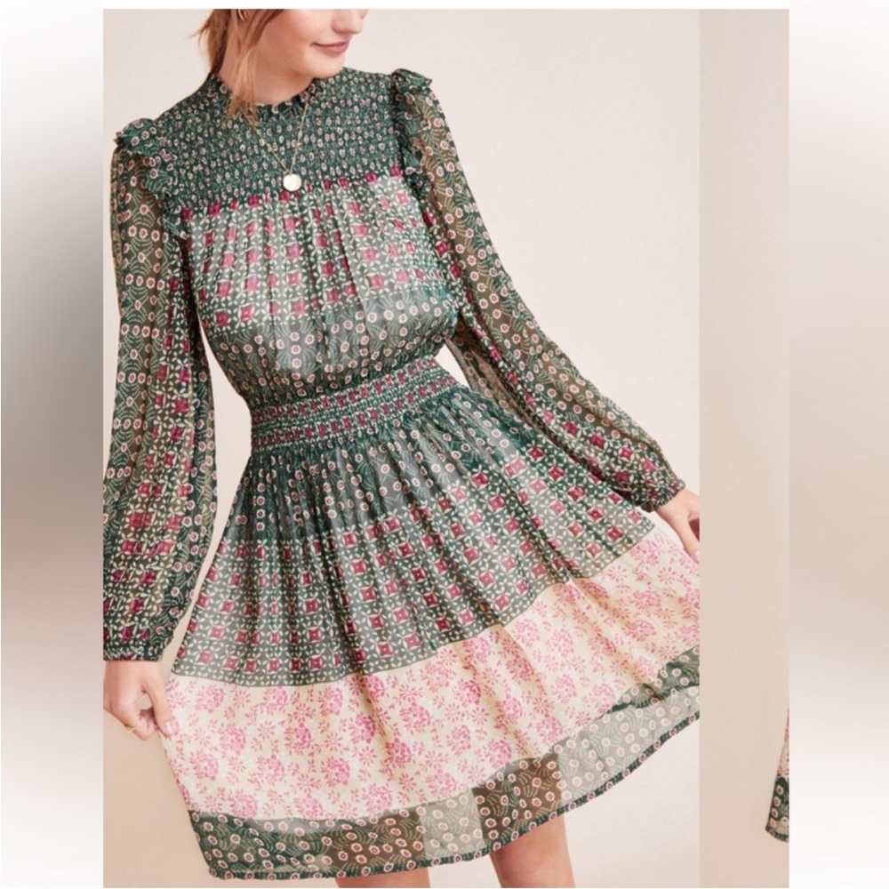 Anthropologie Green and Pink Floral Dress